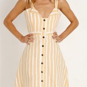 Faithfull the Brand Yellow and White Striped 100% Linen Dress